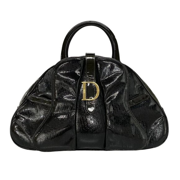 Auth DIOR/ChristianDior Double saddle bag / Trotter Black Patent Leather Handbag - Picture 1 of 16